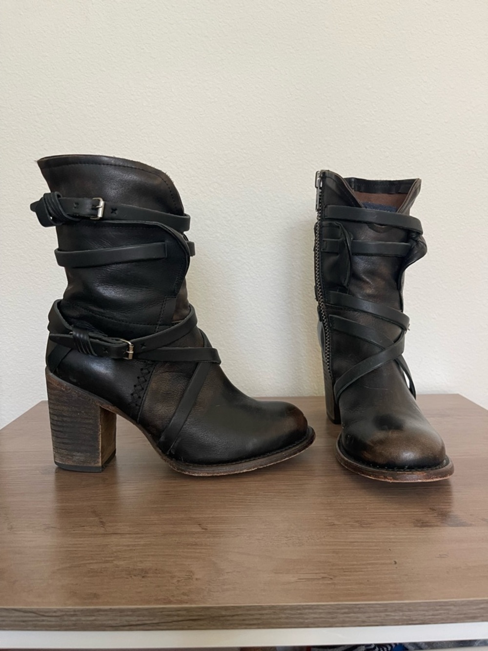 Freebird by Steven Dark Brown Leather Mid-Heel Wrap Strap Ankle Boots